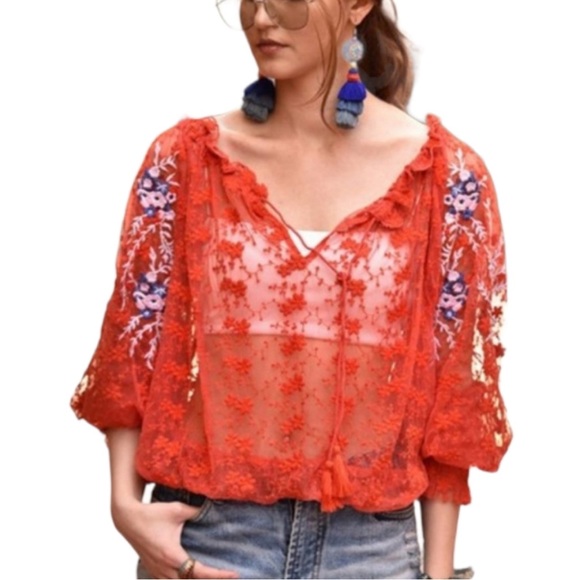 Free People Embroidered Orange Lace Blouse Sheer Boho Floral Hippie Festival - Picture 5 of 15